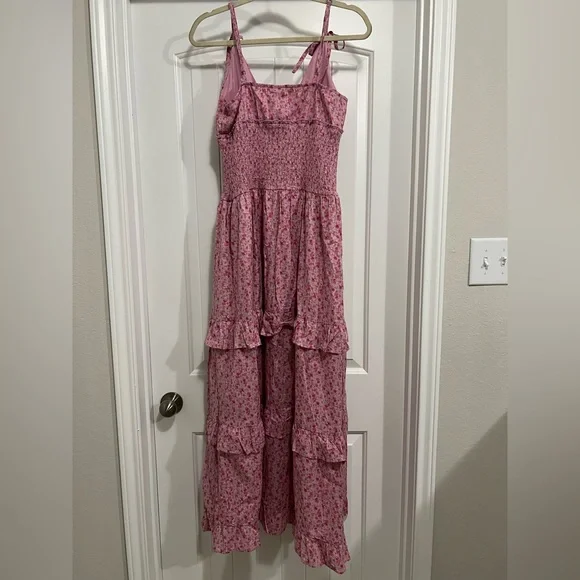 Wild Fable Smocked Maxi Dress Pink Floral Size M Tie Straps Ruffle Hem Cotton - Picture 9 of 11